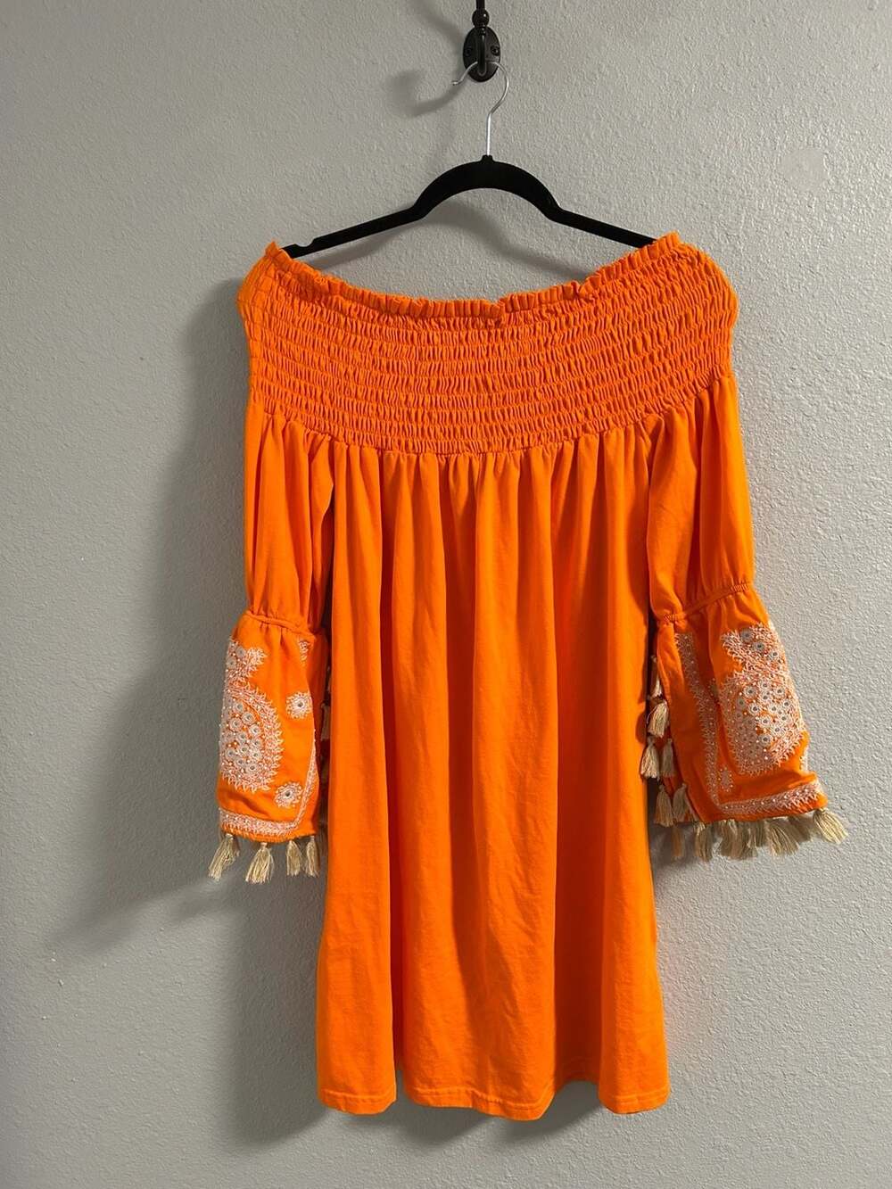 VaVa by Joy Han Orange Off the Shoulder Embroidered Tassel Dress